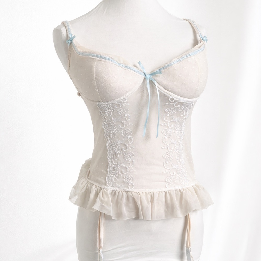 Vintage Lace Bustier Cami Ivory Blue Ribbon Garter Lingerie Fairycore 34D